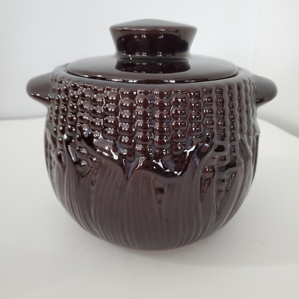 Rare Royal Canadian Art Pottery 1 Qt Brown Corn Cob Theme Bean Crock w/Lid - Picture 7 of 11